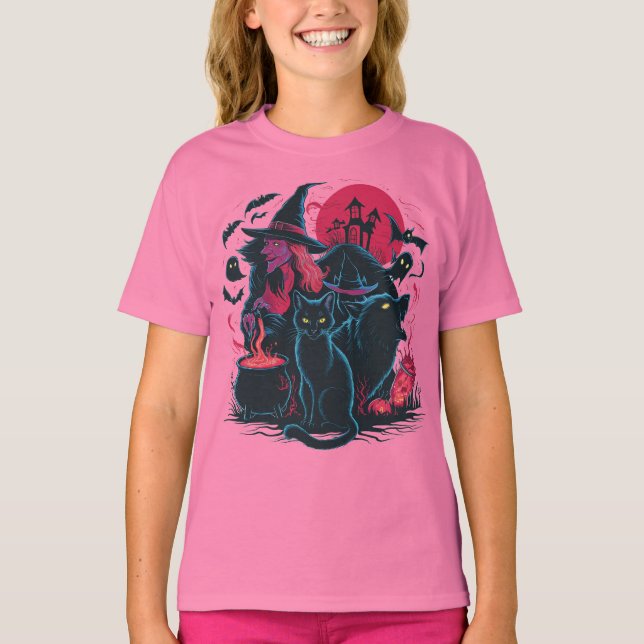 Halloween Cat - Spooky Witch Cat Design T Shirt (Framsida)