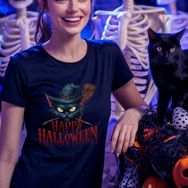 Halloween Cat - Spooky Witch Cat Design T Shirt (Happy Halloween Cat Tshirt)