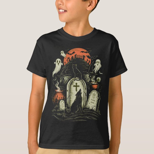 Halloween Cat - Spooky Witch T Shirt (Framsida)