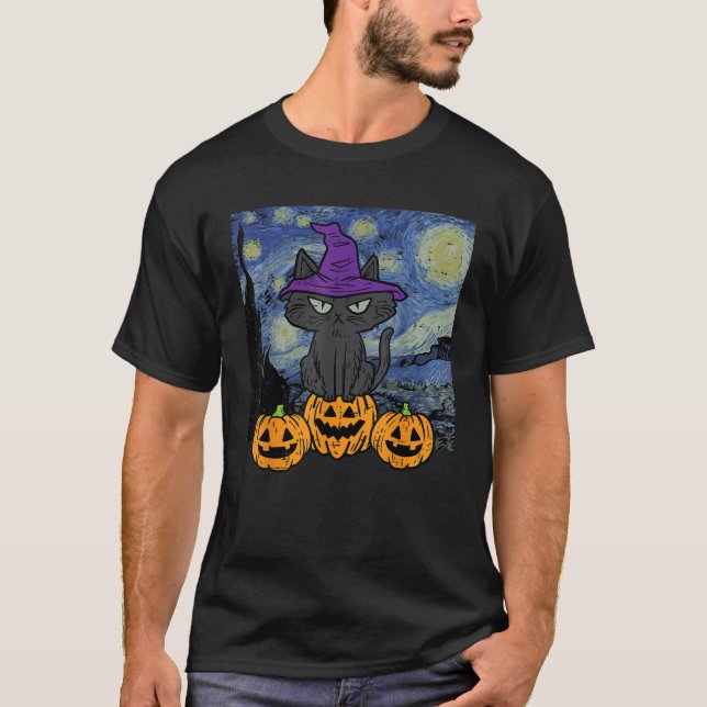 Halloween Cat Starry Night Costume Art Gogh Women  T Shirt (Framsida)