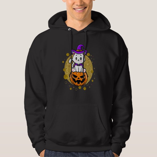Halloween Cat Witch Hat Pumpkin Costume Hoodie (Framsida)