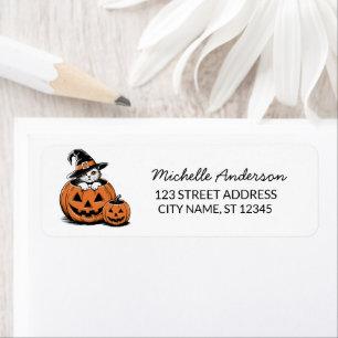 Halloween Cat Witch Hat Pumpkin Returadress Etikett