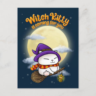 Halloween Cat Witch Kattunge Helg Vykort