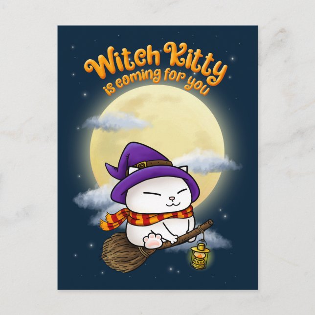 Halloween Cat Witch Kattunge Helg Vykort (Framsida)