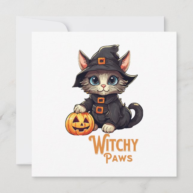 Halloween Cat Witchy Tassar Inbjudningar (Framsida)