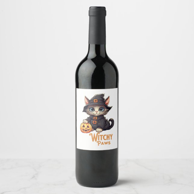 Halloween Cat Witchy Tassar Vinflaska Etikett (Framsida)