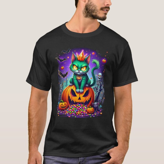 Halloween Cat Womens Funny Fall Pumpkin Cat Lover T Shirt (Framsida)
