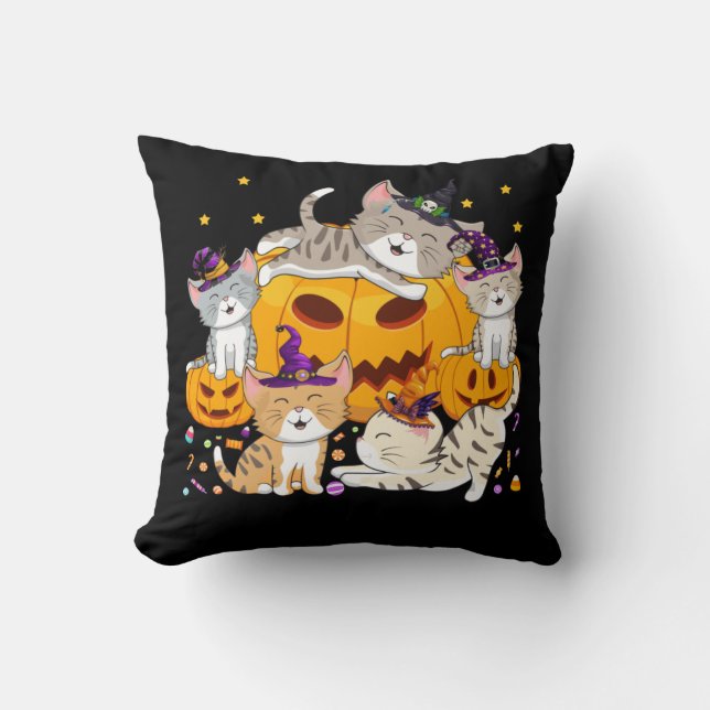 Halloween Cats Anime Cat Kawaii Neko Pumpkin Kudde (Framsida)