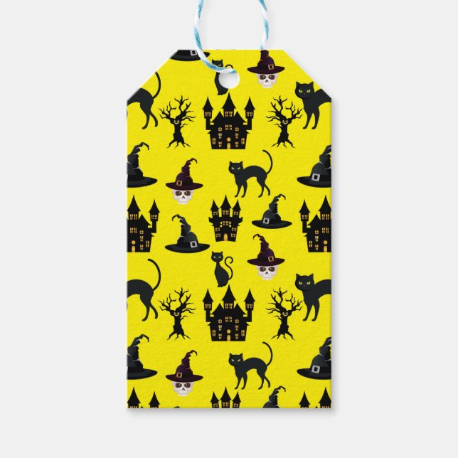 HALLOWEEN CATS CASTLES HATS DÖSKALLAR TRÄD PRESENTETIKETT (Framsidan)