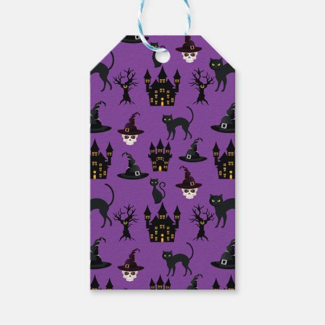 HALLOWEEN CATS CASTLES HATS DÖSKALLAR TRÄD PRESENTETIKETT (Framsidan)