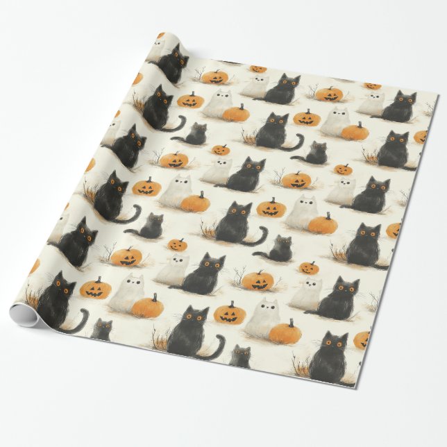 Halloween Cats och Pumpkins Mönster Presentpapper (Utrullad)
