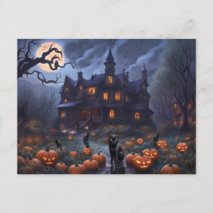 Halloween Cats Pumpkins Haunths House Helg Vykort