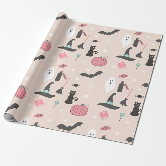 Halloween Cats, Pumpkins och Fladdermus Presentpapper (Utrullad)