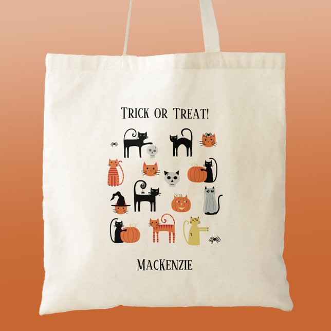 Halloween Cats Spooky Personlig Bus eller godis Tygkasse (Halloween Cat Trick or Treat budget tote bag)