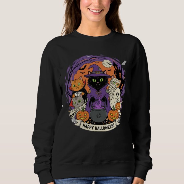 Halloween Cats Sweatshirt for Cat Lovers T Shirt (Framsida)