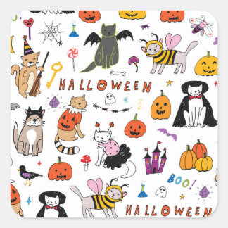 Halloween Cats Vintage Line Mönster Fyrkantigt Klistermärke