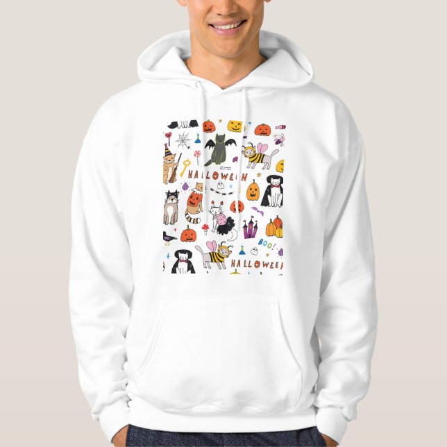 Halloween Cats Vintage Line Mönster Hoodie (Framsida)