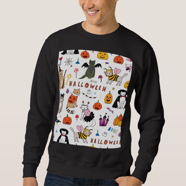 Halloween Cats Vintage Line Mönster Lång Ärmad Tröja (Framsida)