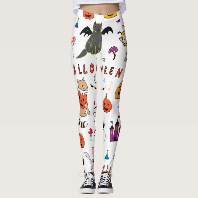 Halloween Cats Vintage Line Mönster Leggings (Framsida)