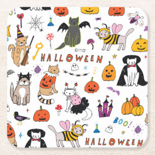 Halloween Cats Vintage Line Mönster Underlägg Papper Kvadrat
