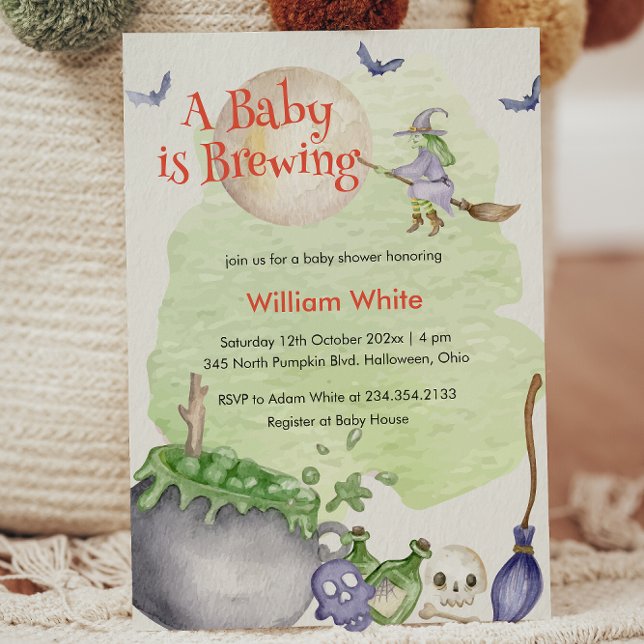 Halloween Cauldron Baby är en blåsningsskugga Inbjudningar (Halloween Cauldron Baby is Brewing Shower Invitation)