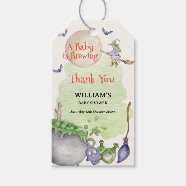 Halloween Cauldron Baby Brewing Shower Tack Presentetikett (Framsidan)