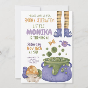 Halloween Cauldron Lila Witch Birthday Inbjudningar