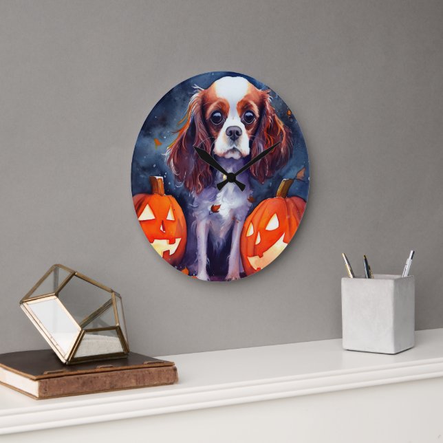 Halloween Cavalier King Charles Spaniel Pumpa Stor Klocka (Kontor)