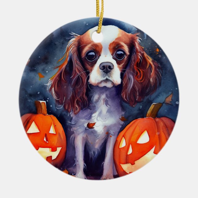 Halloween Cavalier Kung Charles Spain Pumpkins Julgransprydnad Keramik (Framsidan)