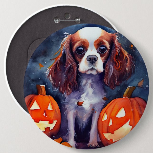 Halloween Cavalier Kung Charles Spain Pumpkins Knapp (Framsida & baksida)