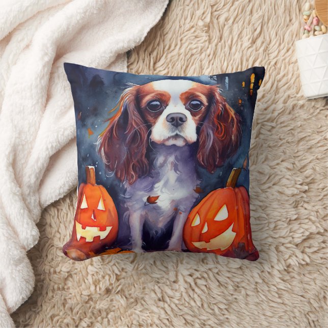 Halloween Cavalier Kung Charles Spain Pumpkins Kudde (Filt)