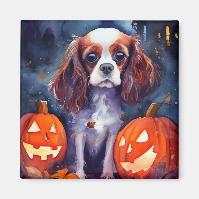 Halloween Cavalier Kung Charles Spain Pumpkins Magnet (Framsidan)