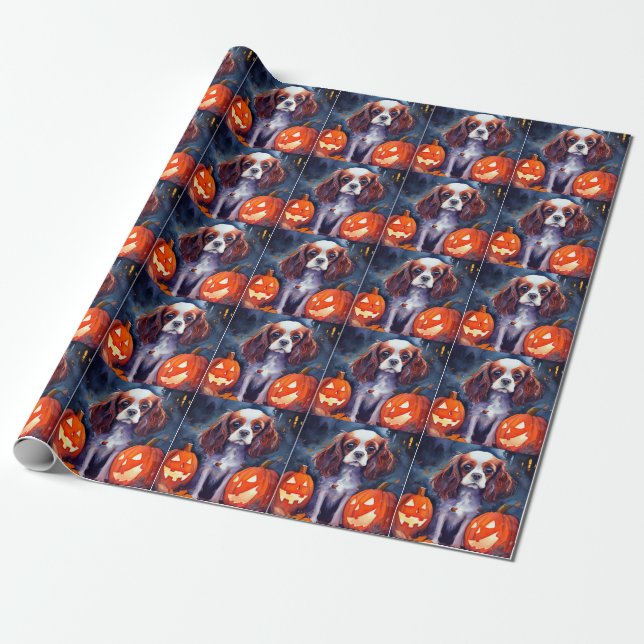 Halloween Cavalier Kung Charles Spain Pumpkins Presentpapper (Utrullad)