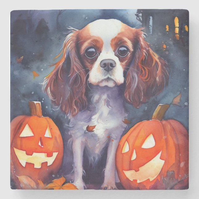 Halloween Cavalier Kung Charles Spain Pumpkins Stenunderlägg (Framsidan)
