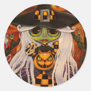 Halloween Checkerboard Witch Sticker Runt Klistermärke
