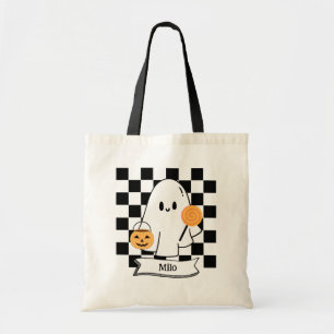 Halloween Checkered Ghost Kids Candy Tote Bag Tygkasse