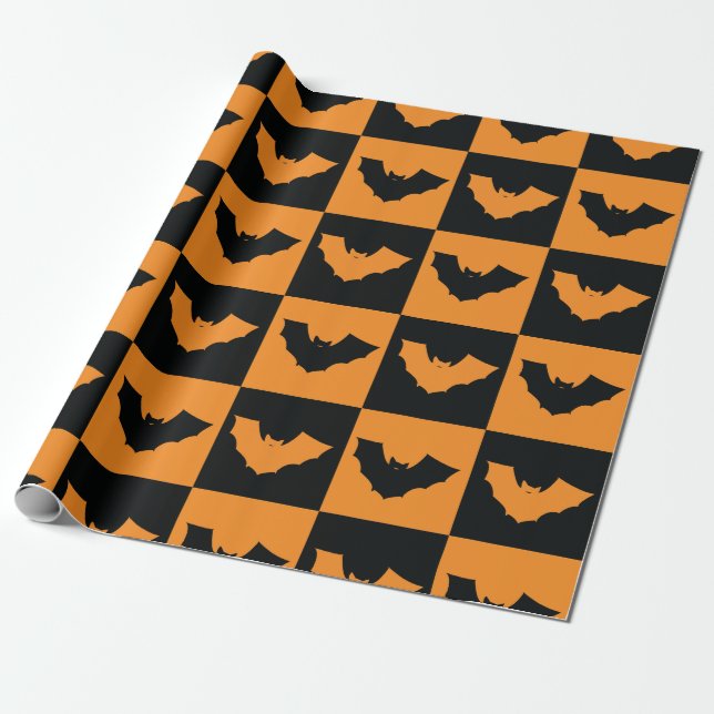 Halloween Checkers Mönster med Fladdermus Presentpapper (Utrullad)
