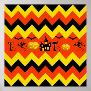 Halloween Chevron Haunted House Black Cat Mönster Poster