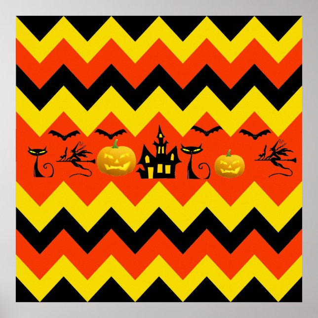 Halloween Chevron Haunted House Black Cat Mönster Poster (Framsidan)