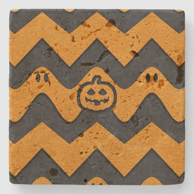 Halloween Chevron Mönster med Spöken och Pumpkins Stenunderlägg (Framsidan)