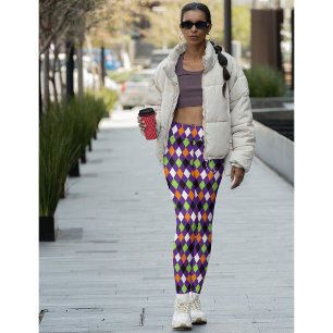 Halloween Chic Lila Orange Grönt Harlequin Party Leggings