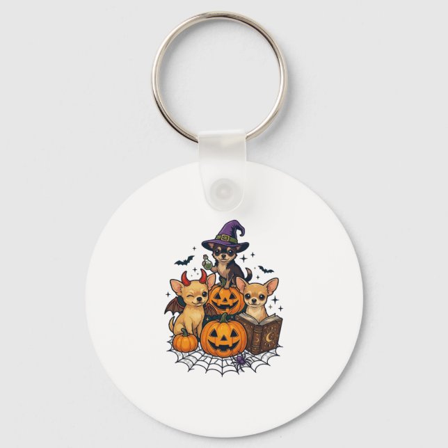 Halloween Chihuahua Hundar Pumpa Häxa Hatt Trollfo Nyckelring (Framsida)