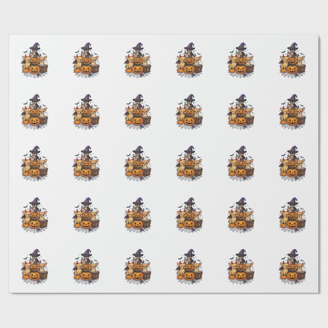 Halloween Chihuahua Hundar Pumpa Häxhatt Förtrolln Presentpapper (Platt)