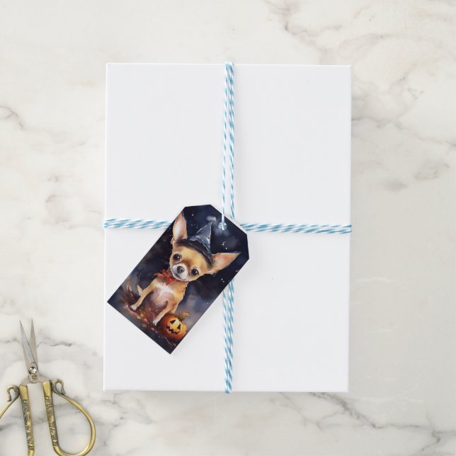 Halloween chihuahua med pumpor Scary Presentetikett (Med Snöre)