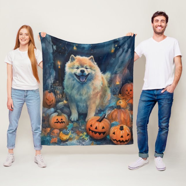 Halloween Chow Chow Med Pumpa Skräck  Fleecefilt (På plats)