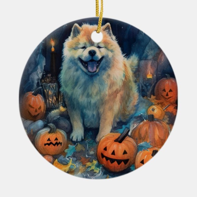 Halloween Chow Chow Med Pumpa Skräck  Julgransprydnad Keramik (Framsidan)