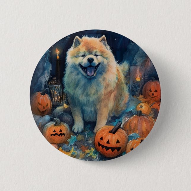 Halloween Chow Chow Med Pumpa Skräck  Knapp (Framsida)