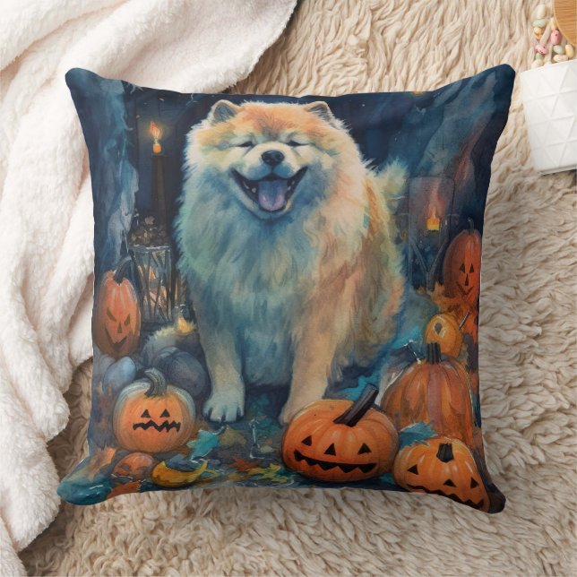 Halloween Chow Chow Med Pumpa Skräck  Kudde (Filt)
