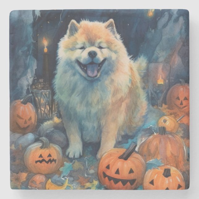 Halloween Chow Chow Med Pumpa Skräck  Stenunderlägg (Framsidan)