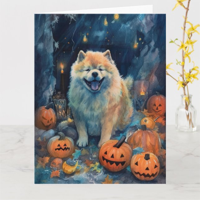 Halloween Chow Chow Med Pumpaljusa Skrämmande  Kort (Gul blomma)